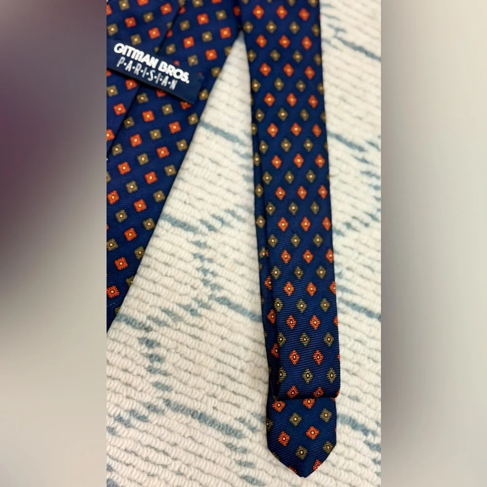 GITMAN BROS Parisian Formal Men’s Silk Tie Navy Blue Orange Medallion Hand Made